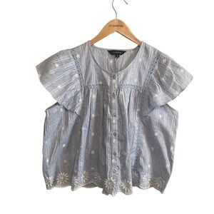 Calligraphie Light Blue and White Feminine Romantic Embroidered Top Size XL